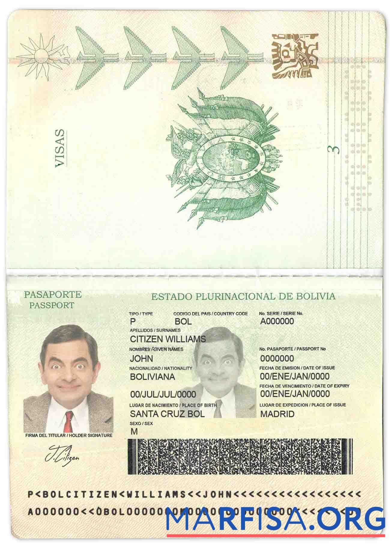 Downloadable Bolivia passport sample